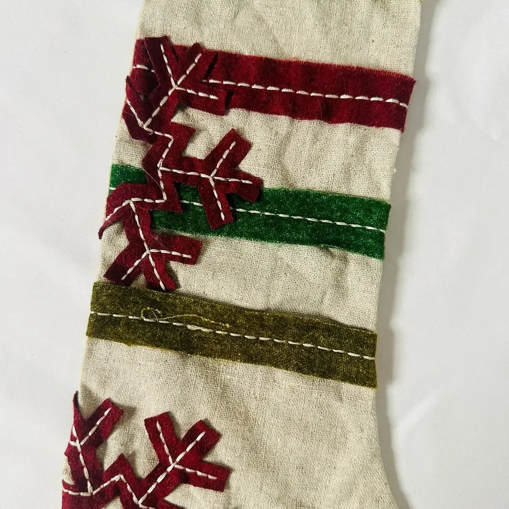Primitive Farmhouse Christmas Striped Snowflake Sewn Skinny Holiday Stocking